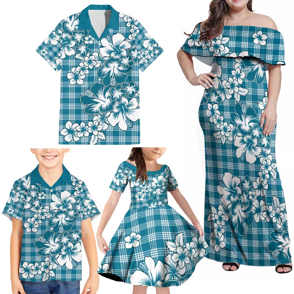 Hibiscus Pakala Ocean Depths Blue Family Matching Off Shoulder Maxi Dress and Hawaiian Shirt Tropical Floral Stylized - Polynesian Pride
