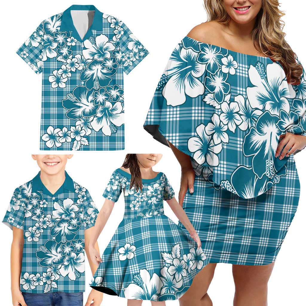 Hibiscus Pakala Ocean Depths Blue Family Matching Off Shoulder Short Dress and Hawaiian Shirt Tropical Floral Stylized - Polynesian Pride