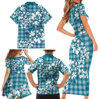 Hibiscus Pakala Ocean Depths Blue Family Matching Short Sleeve Bodycon Dress and Hawaiian Shirt Tropical Floral Stylized - Polynesian Pride