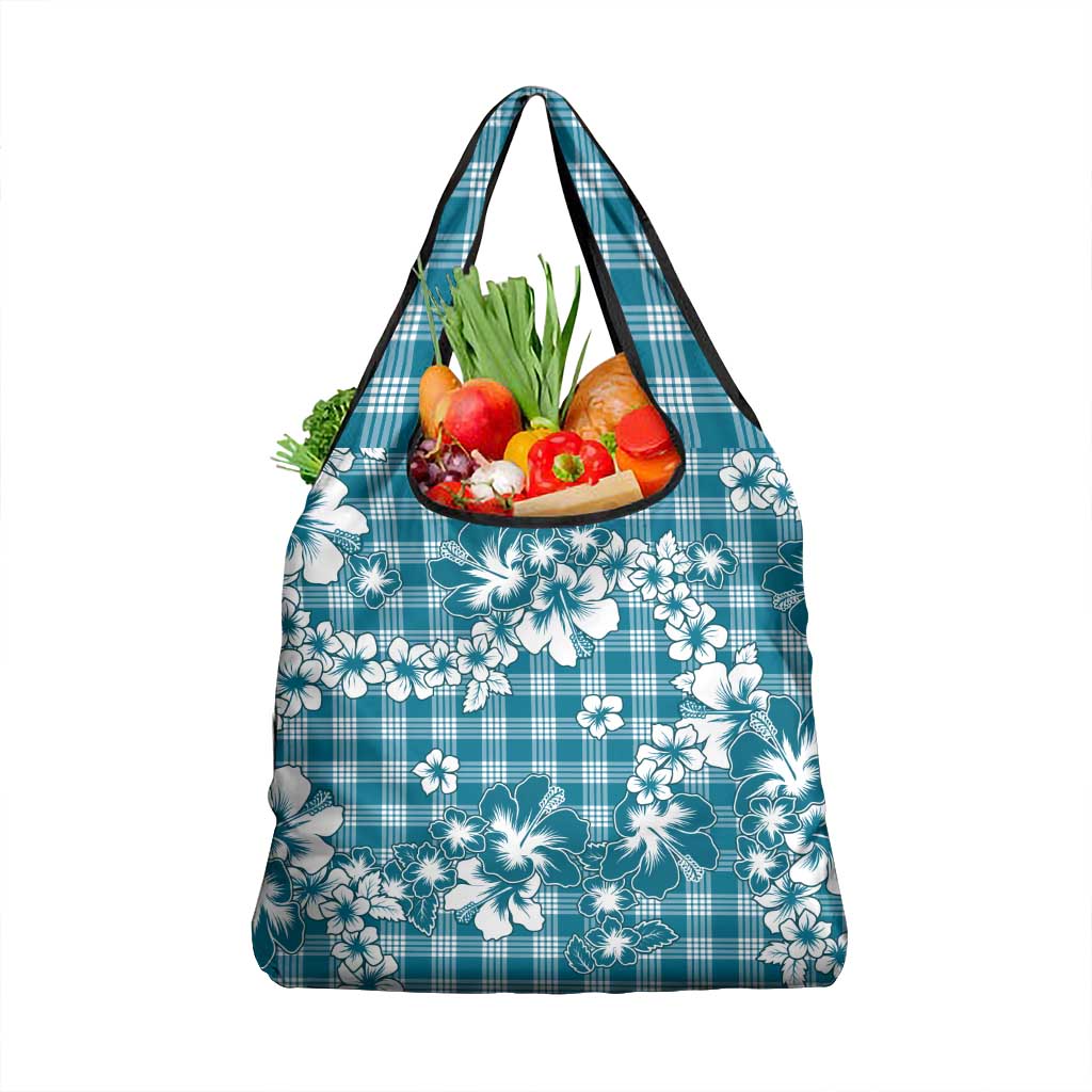 Hibiscus Pakala Ocean Depths Blue Grocery Bag Tropical Floral Stylized - Polynesian Pride