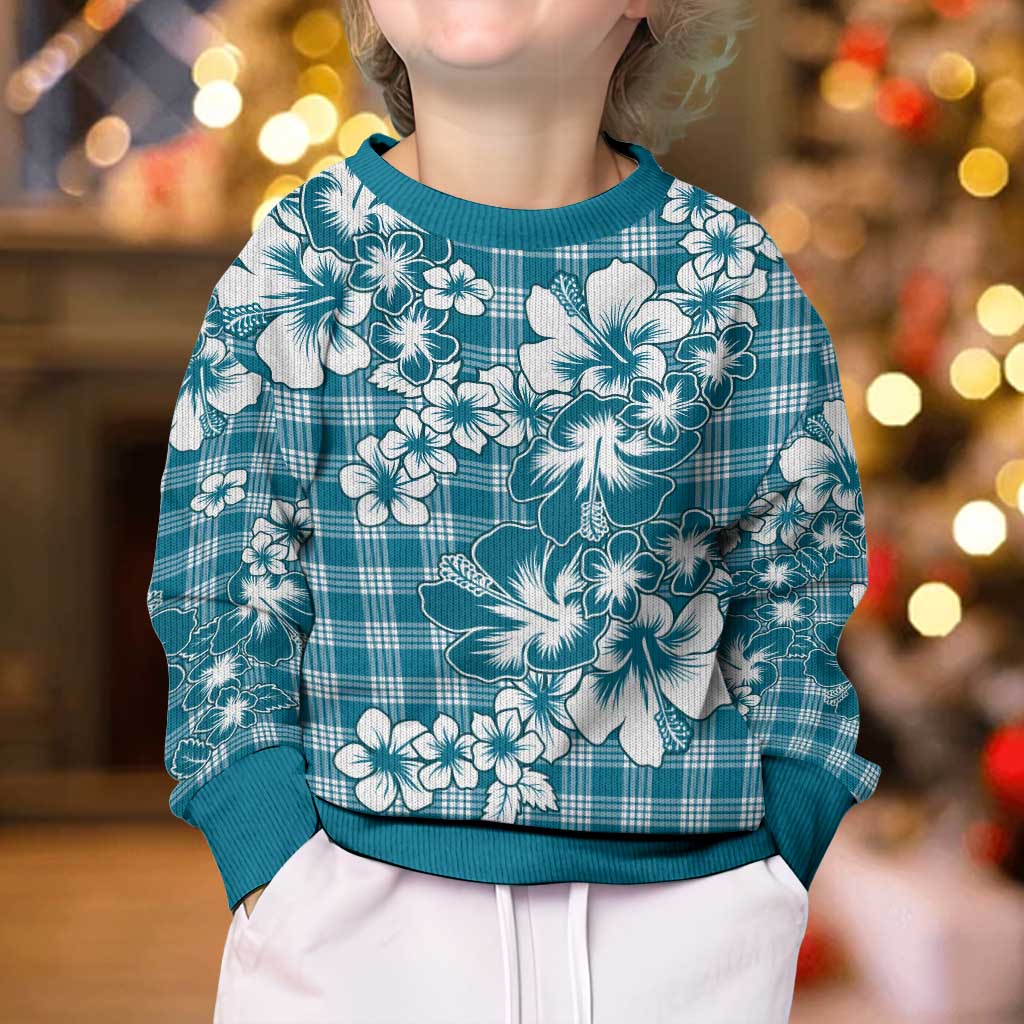 Hibiscus Pakala Ocean Depths Blue Kid Ugly Christmas Sweater Tropical Floral Stylized - Polynesian Pride