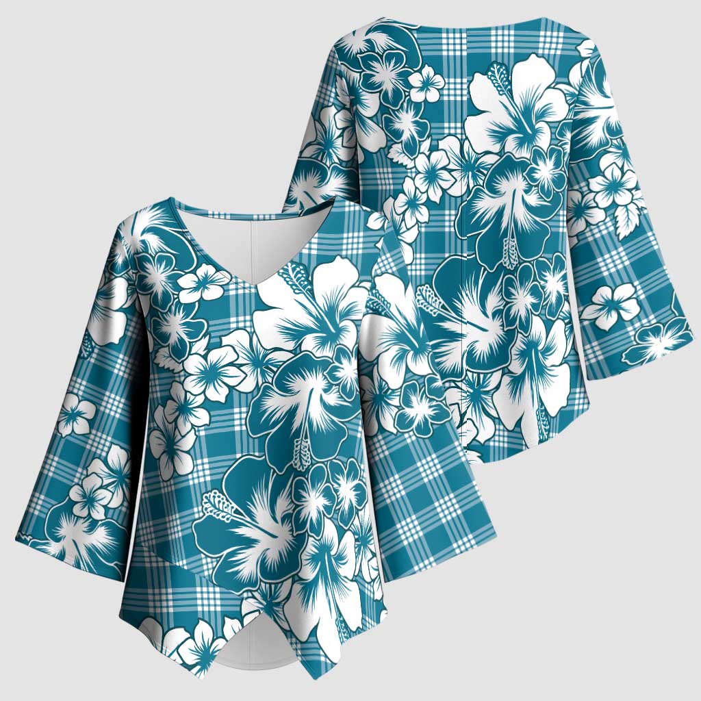 Hibiscus Pakala Ocean Depths Blue Kimono Sleeve Blouse Tropical Floral Stylized - Polynesian Pride