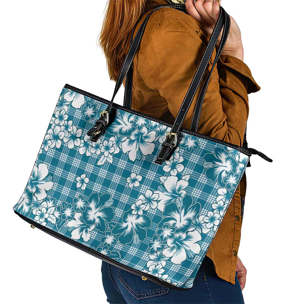Hibiscus Pakala Ocean Depths Blue Leather Tote Bag Tropical Floral Stylized - Polynesian Pride