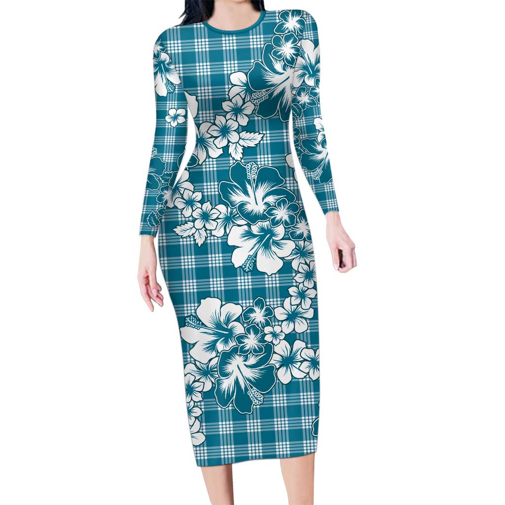 Hibiscus Pakala Ocean Depths Blue Long Sleeve Bodycon Dress Tropical Floral Stylized - Polynesian Pride