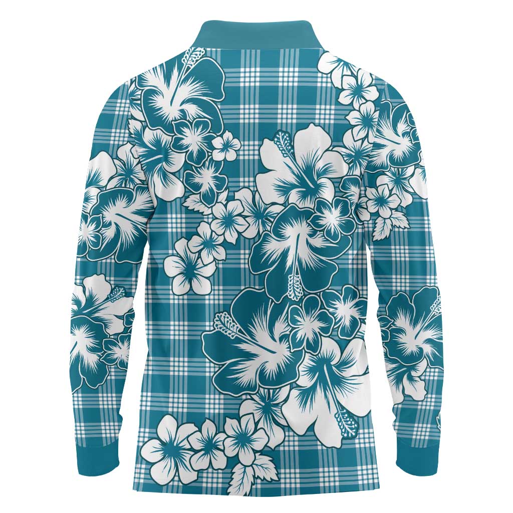 Hibiscus Pakala Ocean Depths Blue Long Sleeve Polo Shirt Tropical Floral Stylized - Polynesian Pride