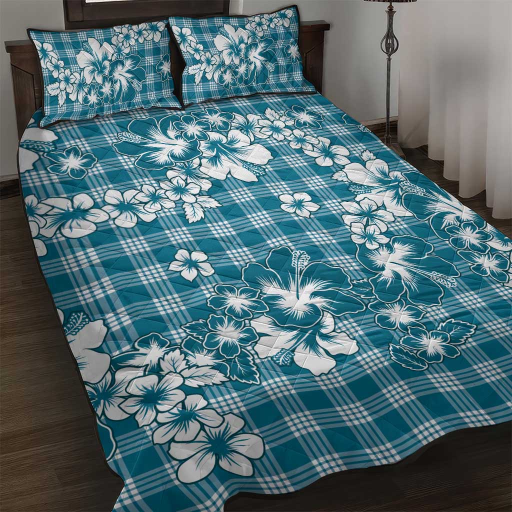 Hibiscus Pakala Ocean Depths Blue Quilt Bed Set Tropical Floral Stylized - Polynesian Pride