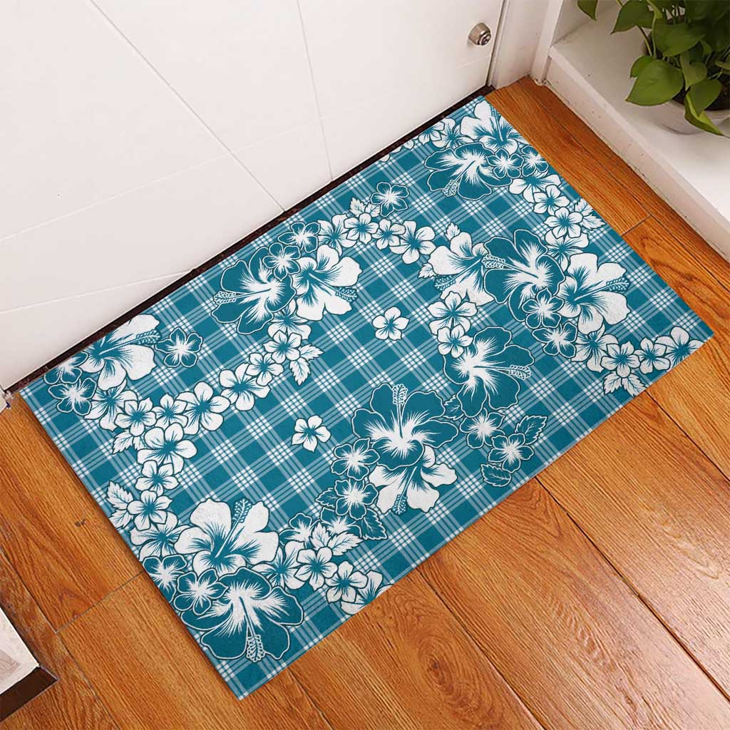 Hibiscus Pakala Ocean Depths Blue Rubber Doormat Tropical Floral Stylized - Polynesian Pride
