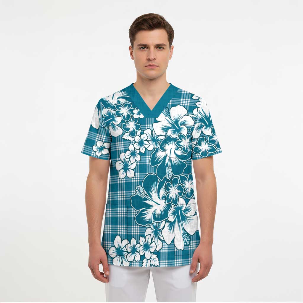 Hibiscus Pakala Ocean Depths Blue Scrub Top Tropical Floral Stylized LT01 - Polynesian Pride