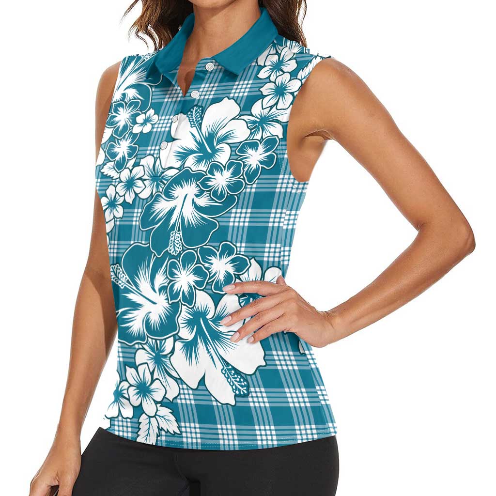 Hibiscus Pakala Ocean Depths Blue Women Sleeveless Polo Shirt Tropical Floral Stylized - Polynesian Pride