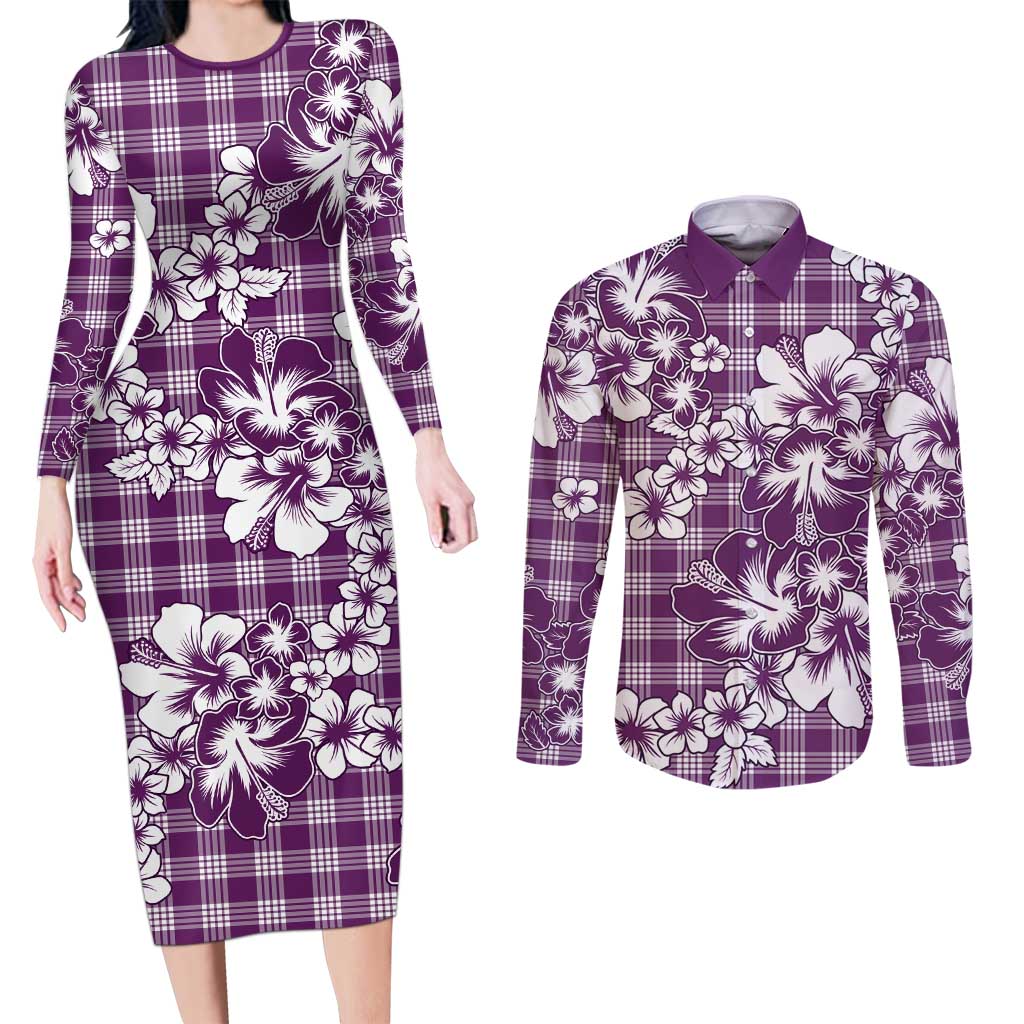 Hibiscus Pakala Sweetie Purple Couples Matching Long Sleeve Bodycon Dress and Long Sleeve Button Shirt Tropical Floral Stylized LT01 Purple - Polynesian Pride