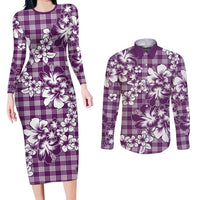 Hibiscus Pakala Sweetie Purple Couples Matching Long Sleeve Bodycon Dress and Long Sleeve Button Shirt Tropical Floral Stylized LT01 Purple - Polynesian Pride