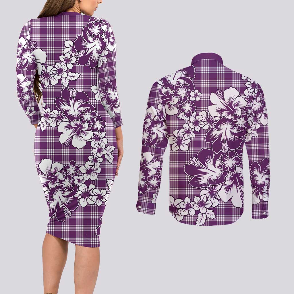 Hibiscus Pakala Sweetie Purple Couples Matching Long Sleeve Bodycon Dress and Long Sleeve Button Shirt Tropical Floral Stylized LT01 - Polynesian Pride