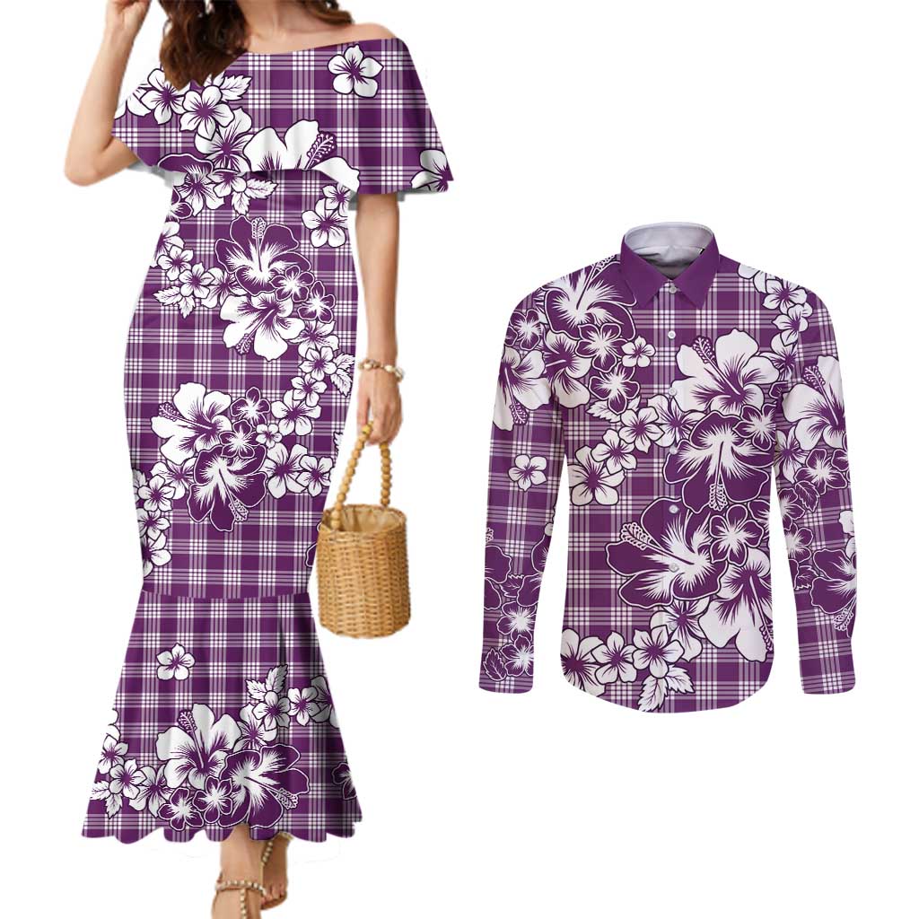 Hibiscus Pakala Sweetie Purple Couples Matching Mermaid Dress and Long Sleeve Button Shirt Tropical Floral Stylized LT01 Purple - Polynesian Pride