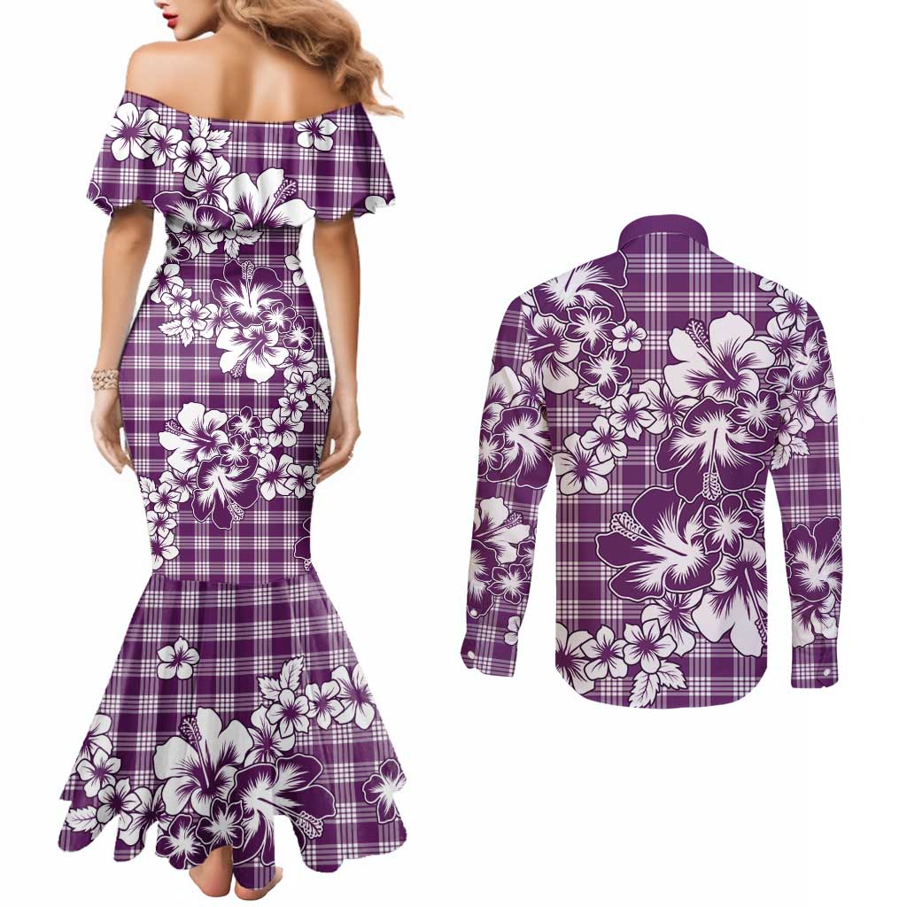 Hibiscus Pakala Sweetie Purple Couples Matching Mermaid Dress and Long Sleeve Button Shirt Tropical Floral Stylized LT01 - Polynesian Pride