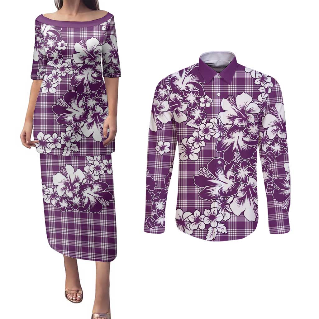 Hibiscus Pakala Sweetie Purple Couples Matching Puletasi and Long Sleeve Button Shirt Tropical Floral Stylized LT01 Purple - Polynesian Pride