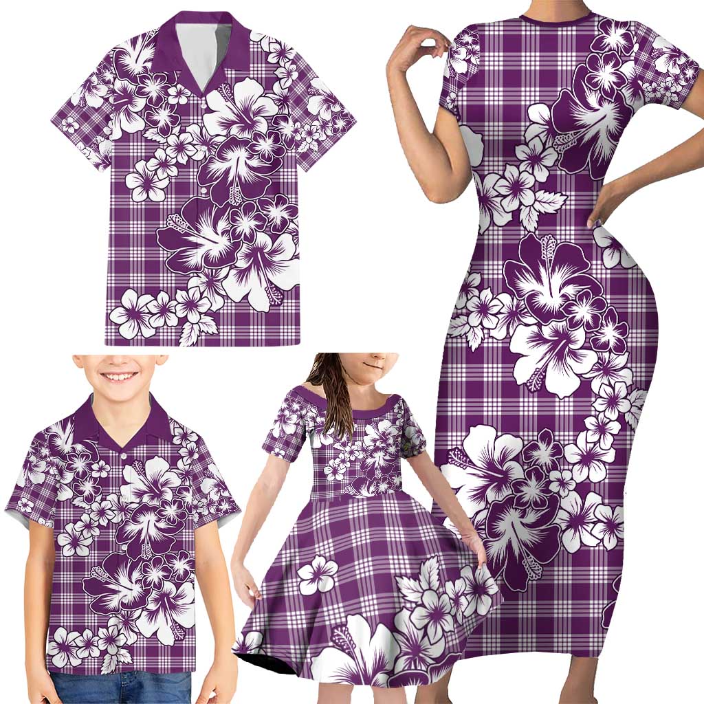 Hibiscus Pakala Sweetie Purple Family Matching Short Sleeve Bodycon Dress and Hawaiian Shirt Tropical Floral Stylized - Polynesian Pride