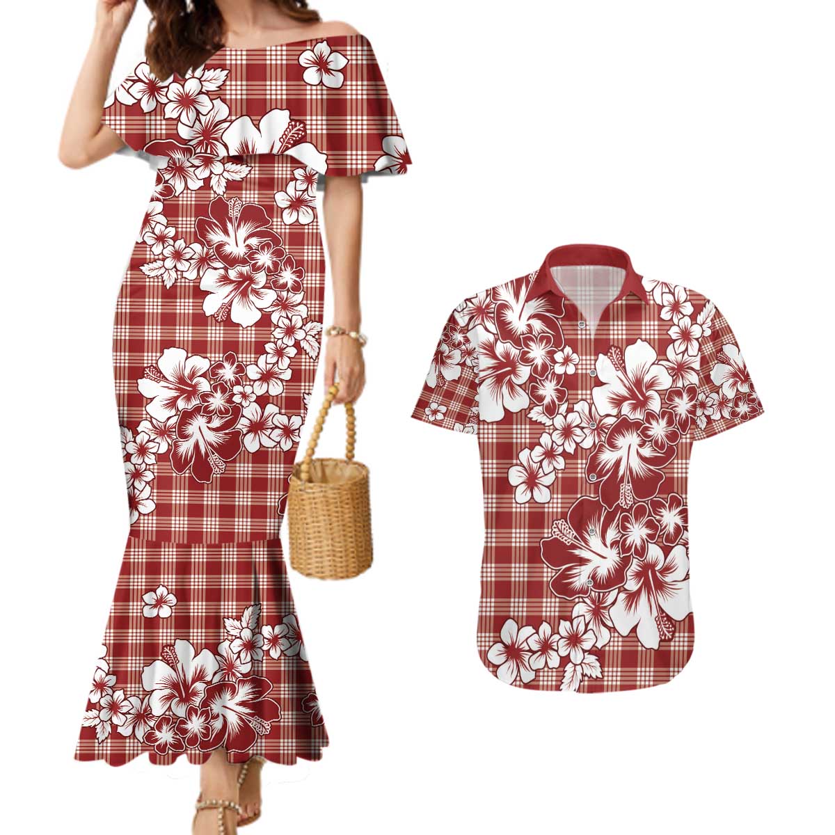 Hibiscus Pakala Fantasy Red Couples Matching Mermaid Dress and Hawaiian Shirt Tropical Floral Stylized - Polynesian Pride