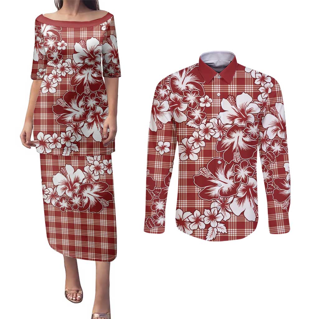 Hibiscus Pakala Fantasy Red Couples Matching Puletasi and Long Sleeve Button Shirt Tropical Floral Stylized - Polynesian Pride