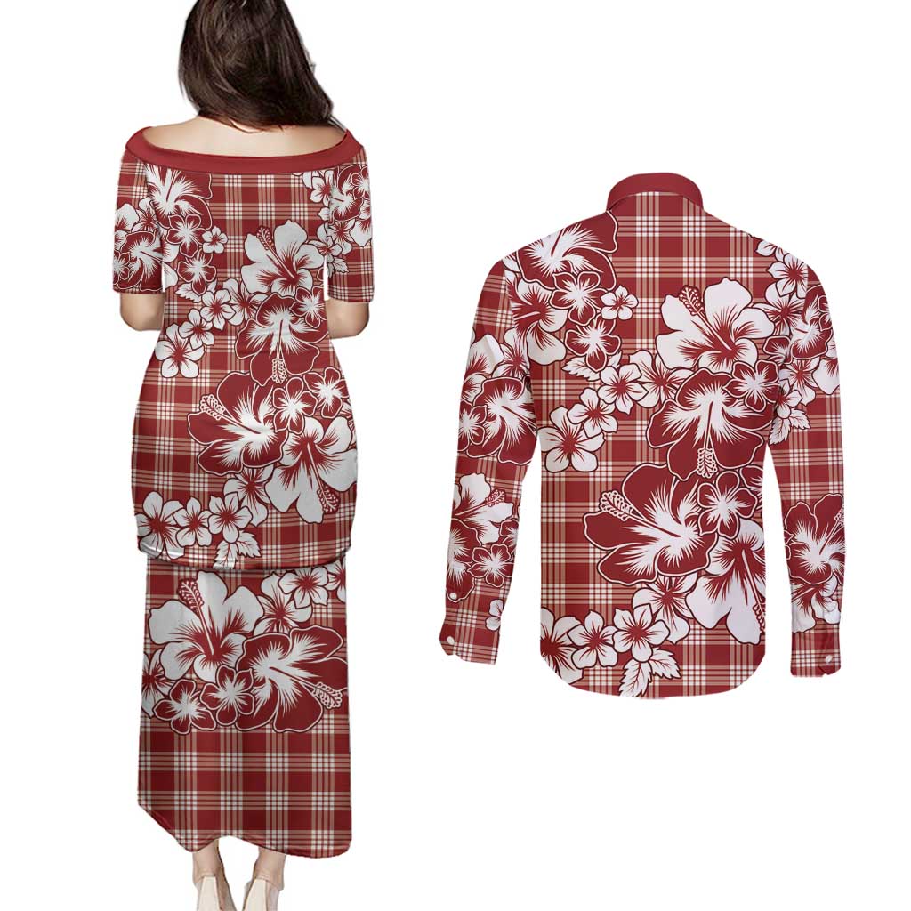 Hibiscus Pakala Fantasy Red Couples Matching Puletasi and Long Sleeve Button Shirt Tropical Floral Stylized - Polynesian Pride