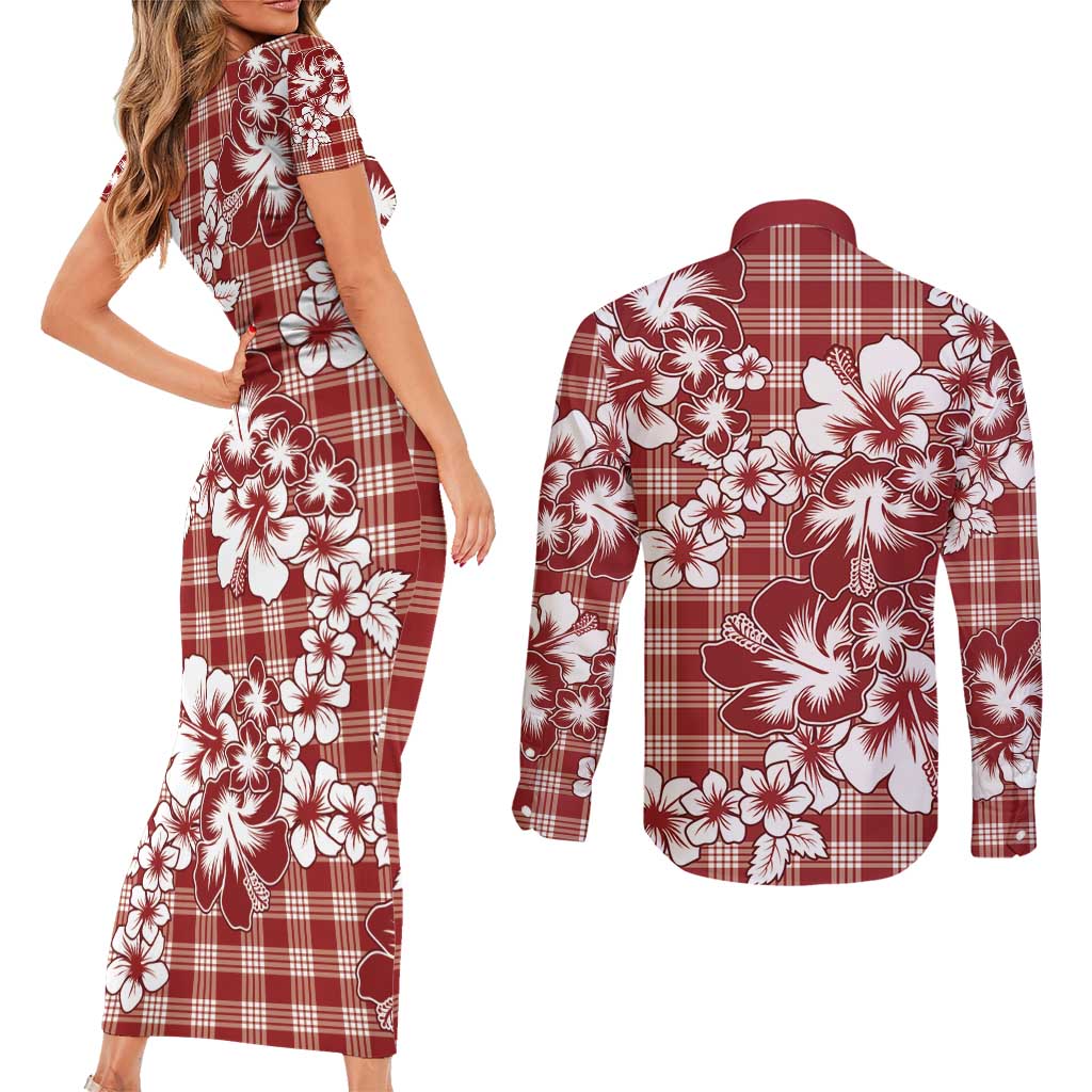 Hibiscus Pakala Fantasy Red Couples Matching Short Sleeve Bodycon Dress and Long Sleeve Button Shirt Tropical Floral Stylized - Polynesian Pride