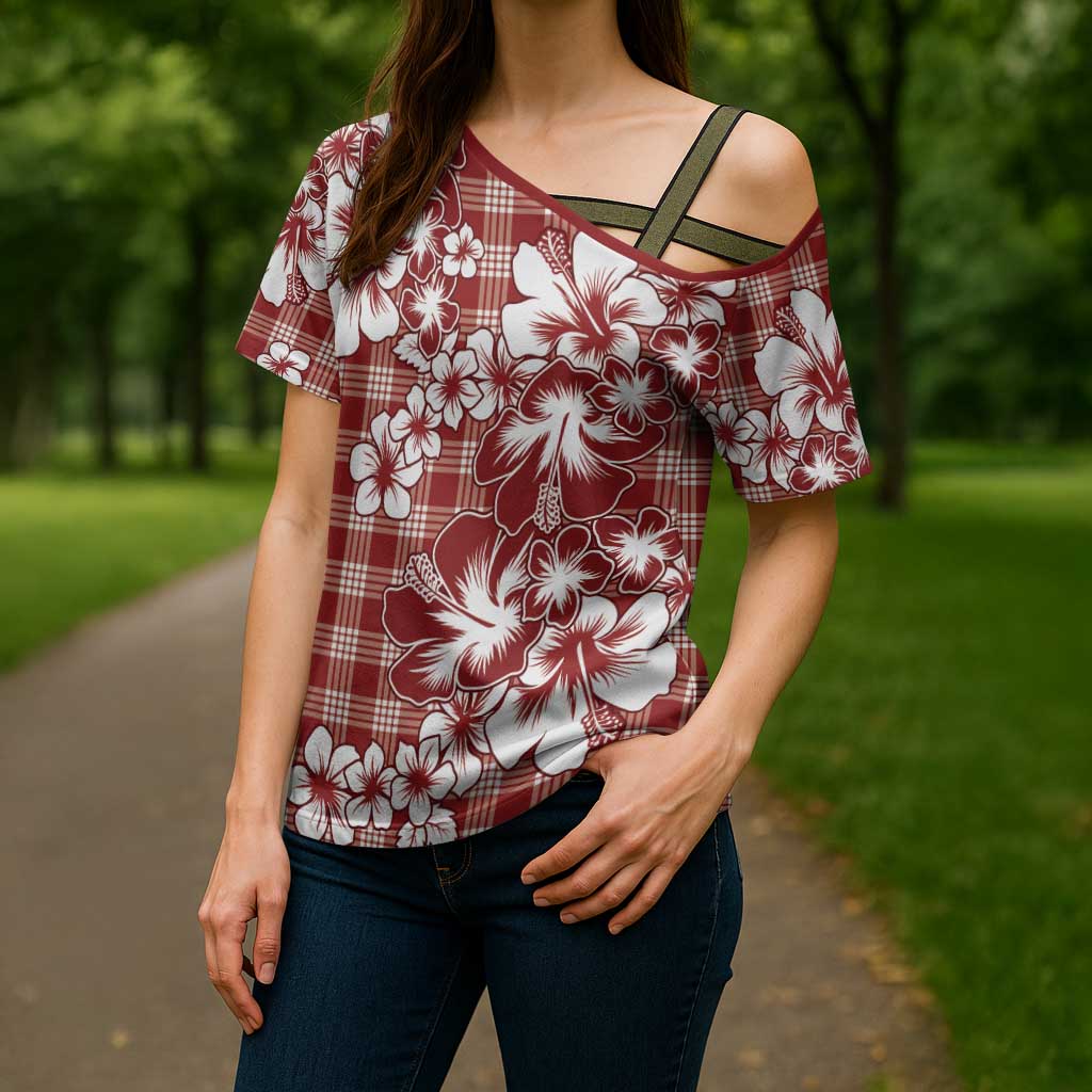 Hibiscus Pakala Fantasy Red Cross Shoulder Shirt Tropical Floral Stylized - Polynesian Pride