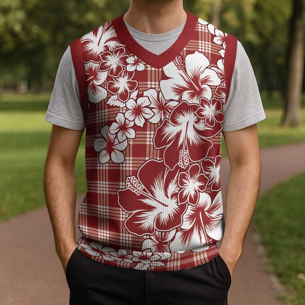Hibiscus Pakala Fantasy Red Christmas Knitted V-Neck Vest Tropical Floral Stylized - Polynesian Pride