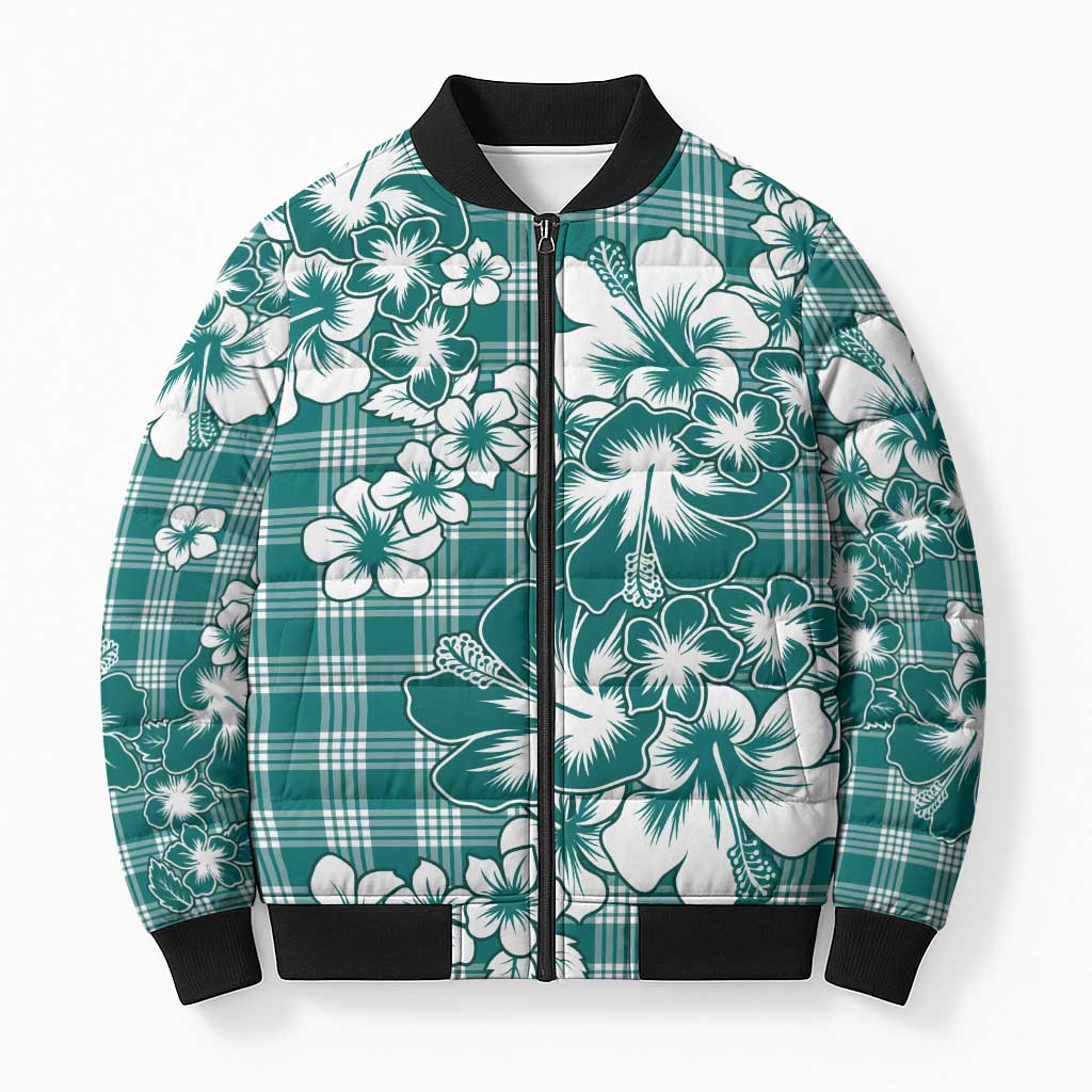 Hibiscus Pakala Aqua Teal Bomber Puffer Jacket Tropical Floral Stylized LT01 Unisex Teal - Polynesian Pride