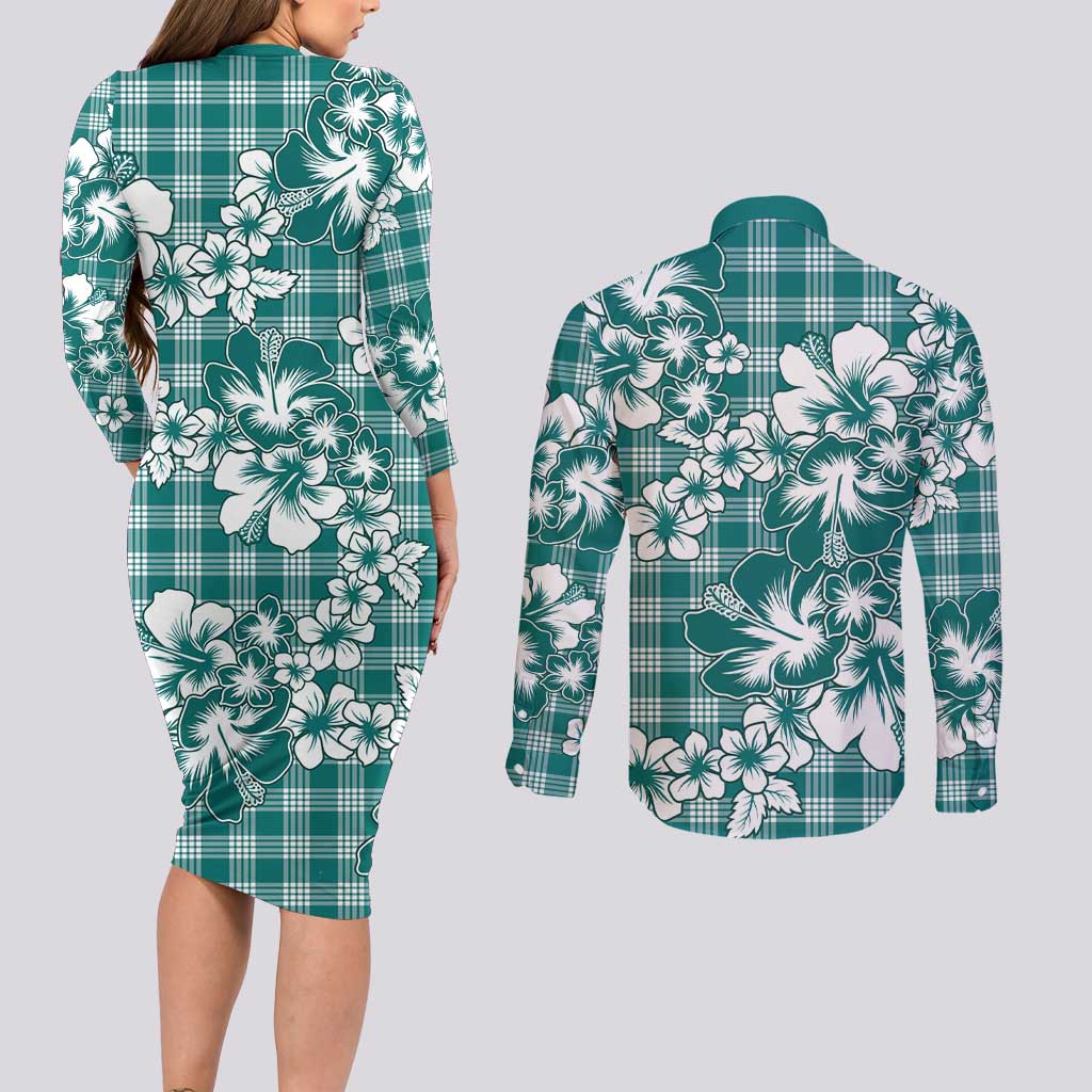 Hibiscus Pakala Aqua Teal Couples Matching Long Sleeve Bodycon Dress and Long Sleeve Button Shirt Tropical Floral Stylized - Polynesian Pride