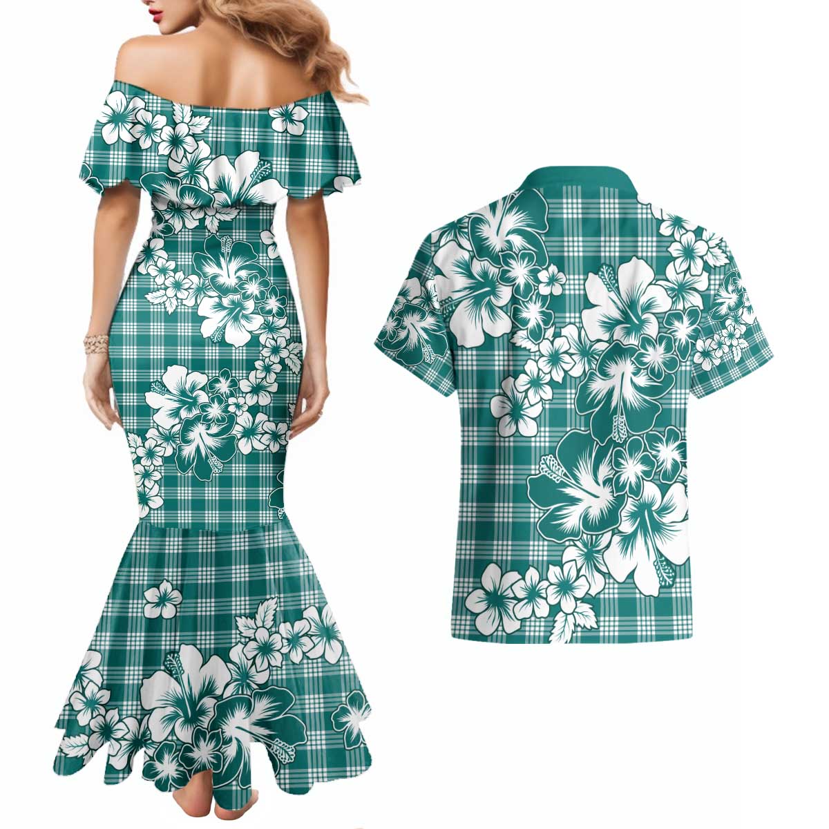 Hibiscus Pakala Aqua Teal Couples Matching Mermaid Dress and Hawaiian Shirt Tropical Floral Stylized - Polynesian Pride