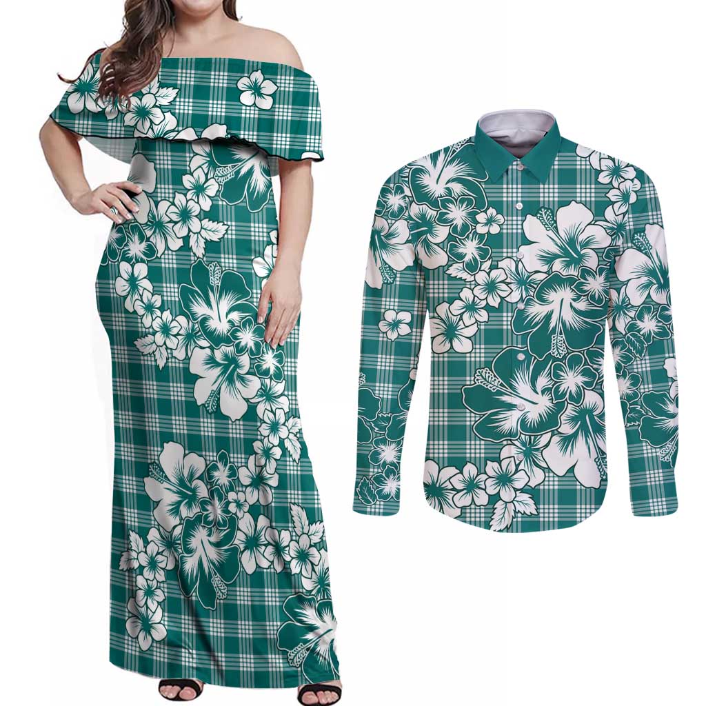 Hibiscus Pakala Aqua Teal Couples Matching Off Shoulder Maxi Dress and Long Sleeve Button Shirt Tropical Floral Stylized - Polynesian Pride