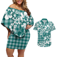 Hibiscus Pakala Aqua Teal Couples Matching Off Shoulder Short Dress and Hawaiian Shirt Tropical Floral Stylized - Polynesian Pride
