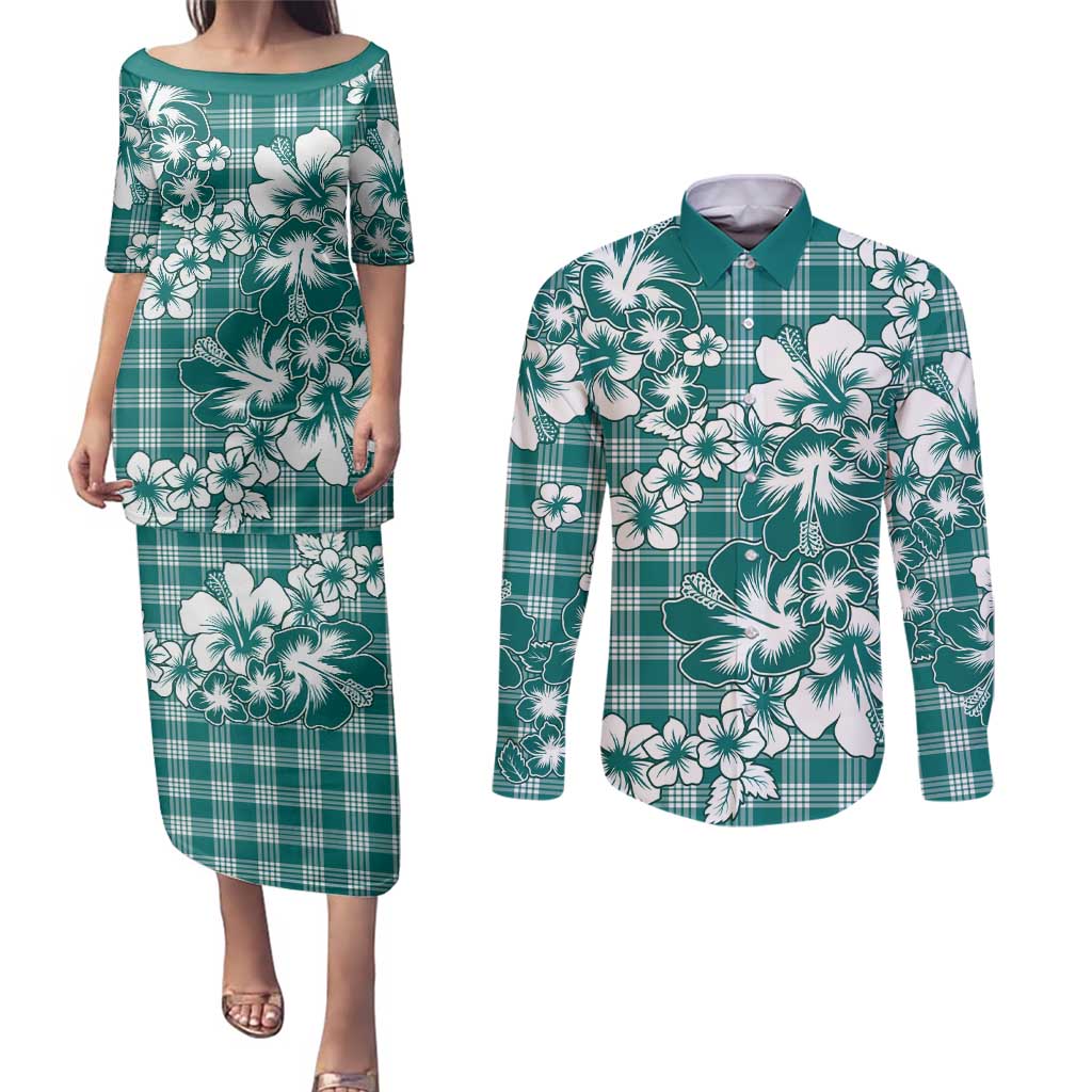Hibiscus Pakala Aqua Teal Couples Matching Puletasi and Long Sleeve Button Shirt Tropical Floral Stylized - Polynesian Pride