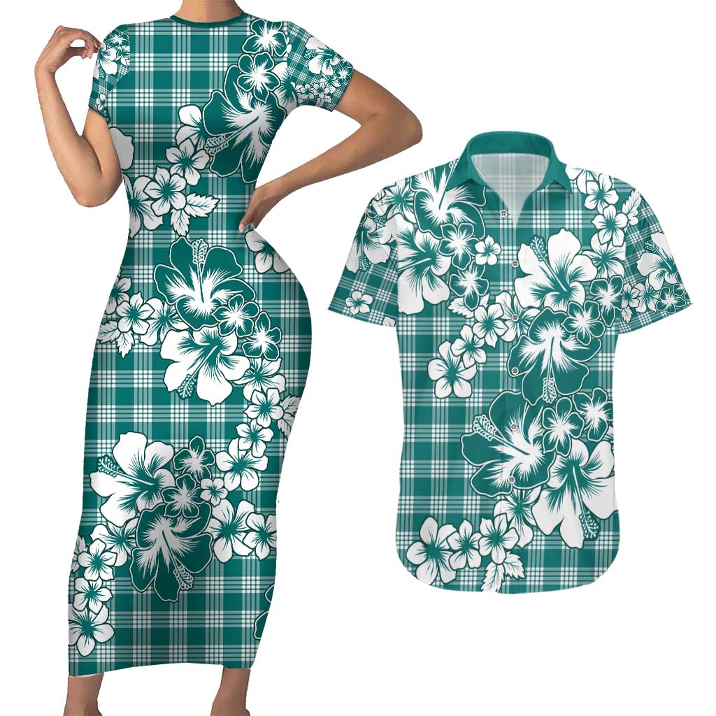 Hibiscus Pakala Aqua Teal Couples Matching Short Sleeve Bodycon Dress and Hawaiian Shirt Tropical Floral Stylized - Polynesian Pride