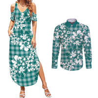Hibiscus Pakala Aqua Teal Couples Matching Summer Maxi Dress and Long Sleeve Button Shirt Tropical Floral Stylized LT01 Teal - Polynesian Pride
