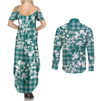 Hibiscus Pakala Aqua Teal Couples Matching Summer Maxi Dress and Long Sleeve Button Shirt Tropical Floral Stylized LT01 - Polynesian Pride