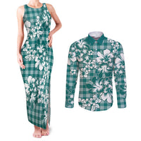 Hibiscus Pakala Aqua Teal Couples Matching Tank Maxi Dress and Long Sleeve Button Shirt Tropical Floral Stylized - Polynesian Pride