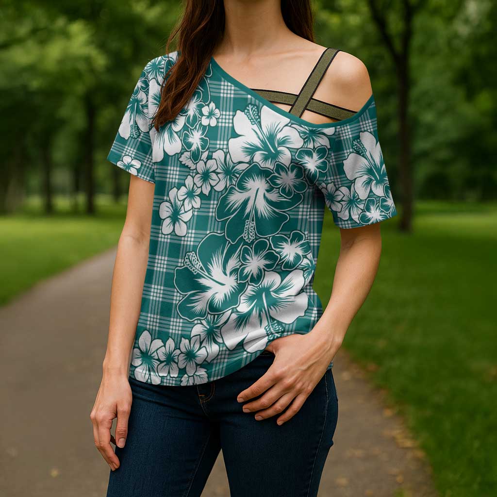 Hibiscus Pakala Aqua Teal Cross Shoulder Shirt Tropical Floral Stylized - Polynesian Pride