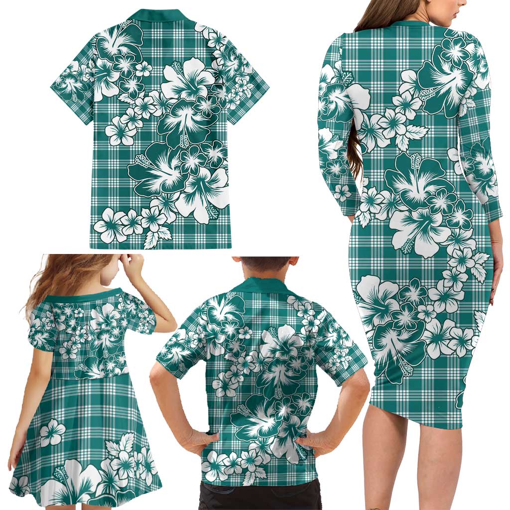 Hibiscus Pakala Aqua Teal Family Matching Long Sleeve Bodycon Dress and Hawaiian Shirt Tropical Floral Stylized - Polynesian Pride