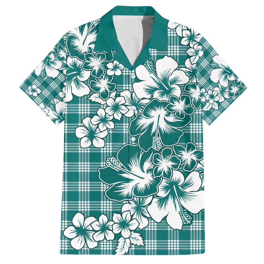 Hibiscus Pakala Aqua Teal Family Matching Long Sleeve Bodycon Dress and Hawaiian Shirt Tropical Floral Stylized - Polynesian Pride