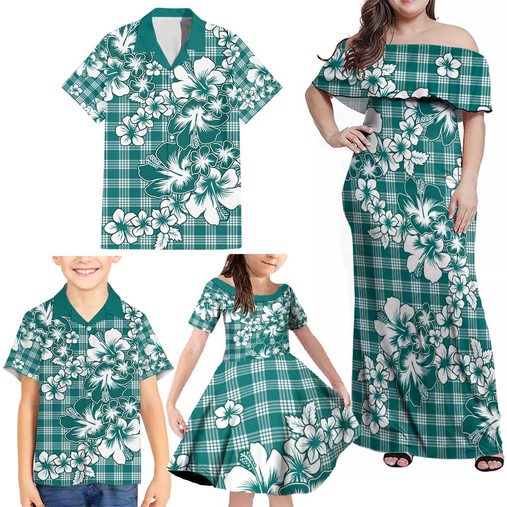Hibiscus Pakala Aqua Teal Family Matching Off Shoulder Maxi Dress and Hawaiian Shirt Tropical Floral Stylized - Polynesian Pride