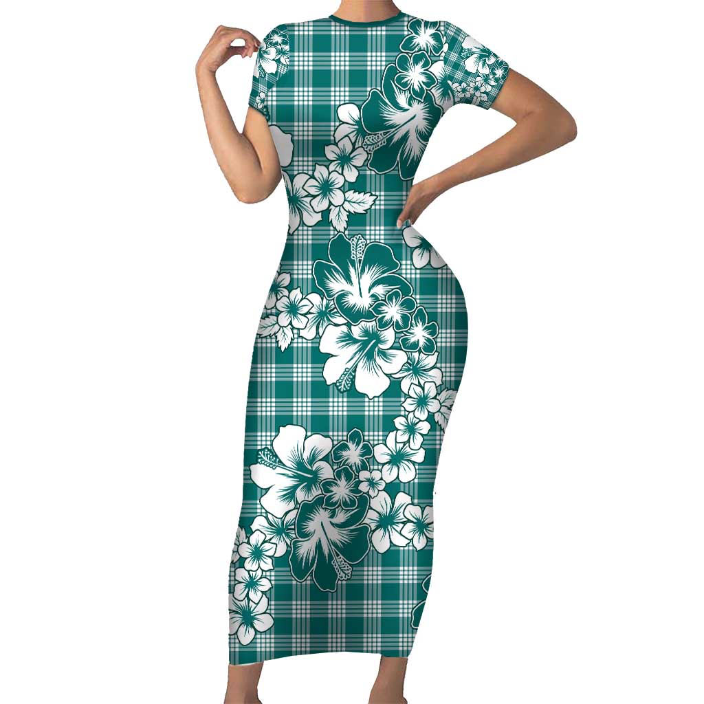 Hibiscus Pakala Aqua Teal Family Matching Short Sleeve Bodycon Dress and Hawaiian Shirt Tropical Floral Stylized - Polynesian Pride