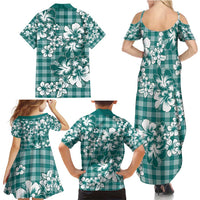 Hibiscus Pakala Aqua Teal Family Matching Summer Maxi Dress and Hawaiian Shirt Tropical Floral Stylized - Polynesian Pride