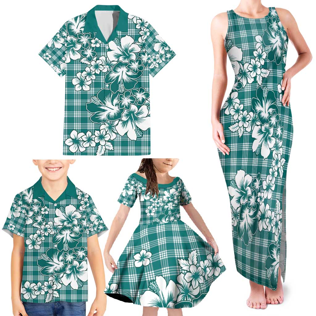 Hibiscus Pakala Aqua Teal Family Matching Tank Maxi Dress and Hawaiian Shirt Tropical Floral Stylized - Polynesian Pride