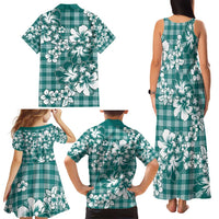 Hibiscus Pakala Aqua Teal Family Matching Tank Maxi Dress and Hawaiian Shirt Tropical Floral Stylized - Polynesian Pride