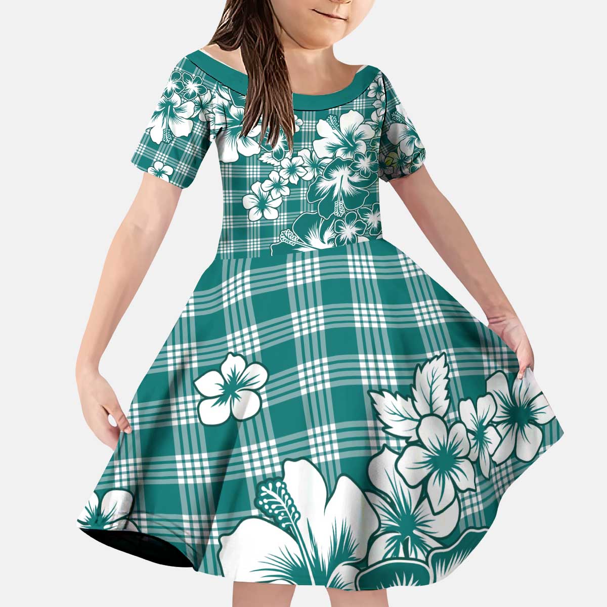 Hibiscus Pakala Aqua Teal Kid Short Sleeve Dress Tropical Floral Stylized - Polynesian Pride