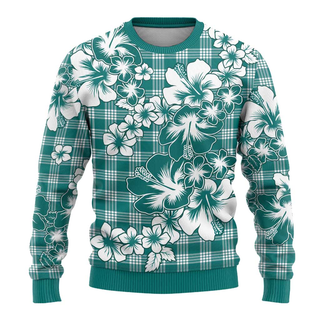 Hibiscus Pakala Aqua Teal Ugly Christmas Sweater Tropical Floral Stylized - Polynesian Pride