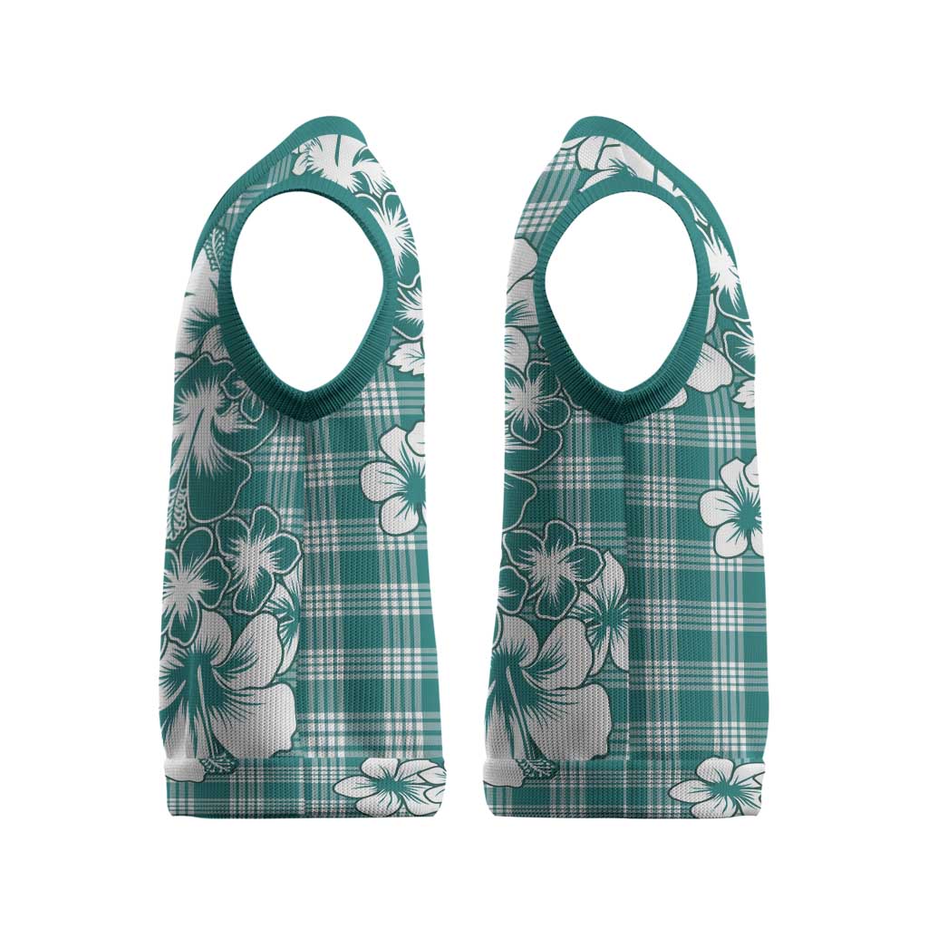 Hibiscus Pakala Aqua Teal Christmas Knitted V-Neck Vest Tropical Floral Stylized - Polynesian Pride