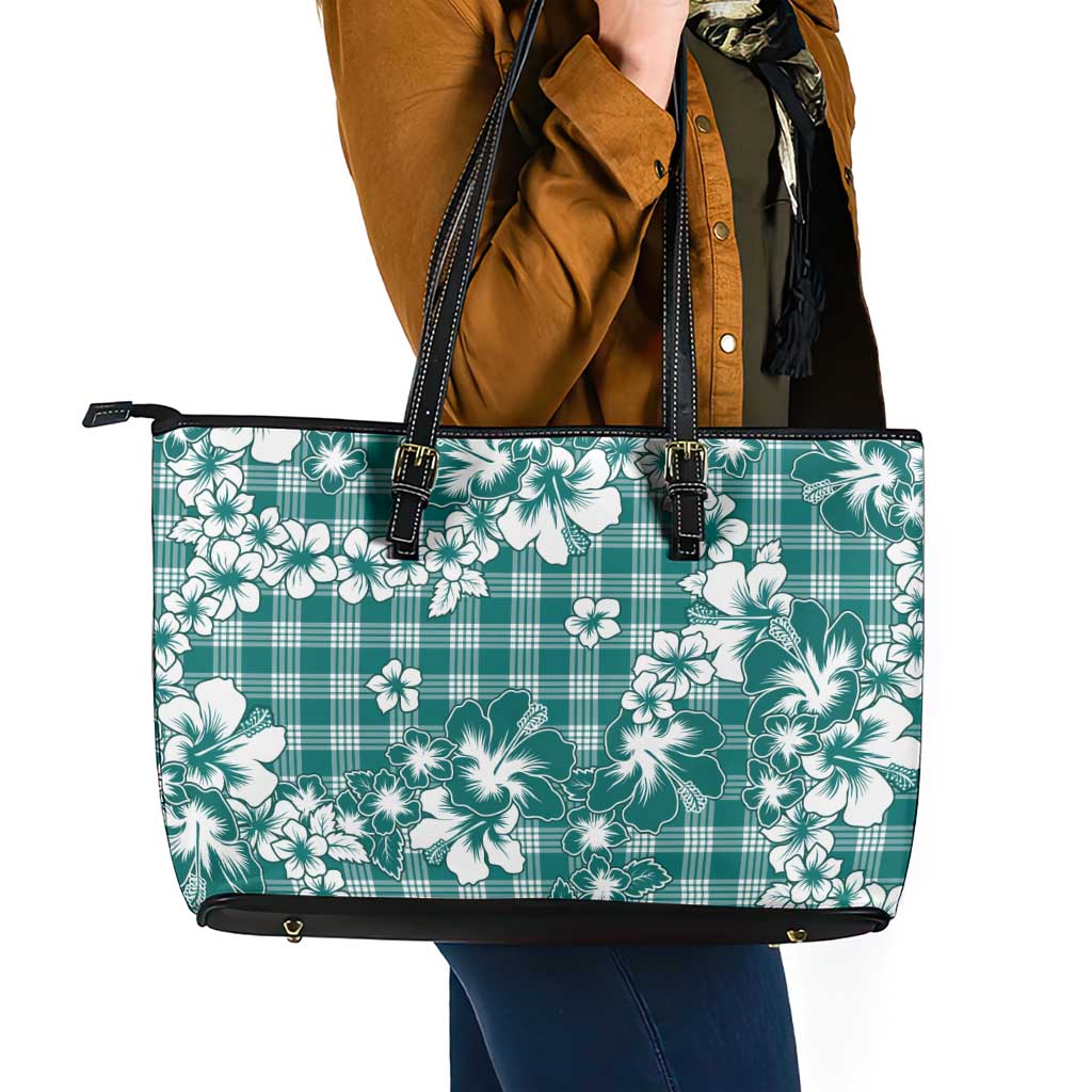 Hibiscus Pakala Aqua Teal Leather Tote Bag Tropical Floral Stylized - Polynesian Pride