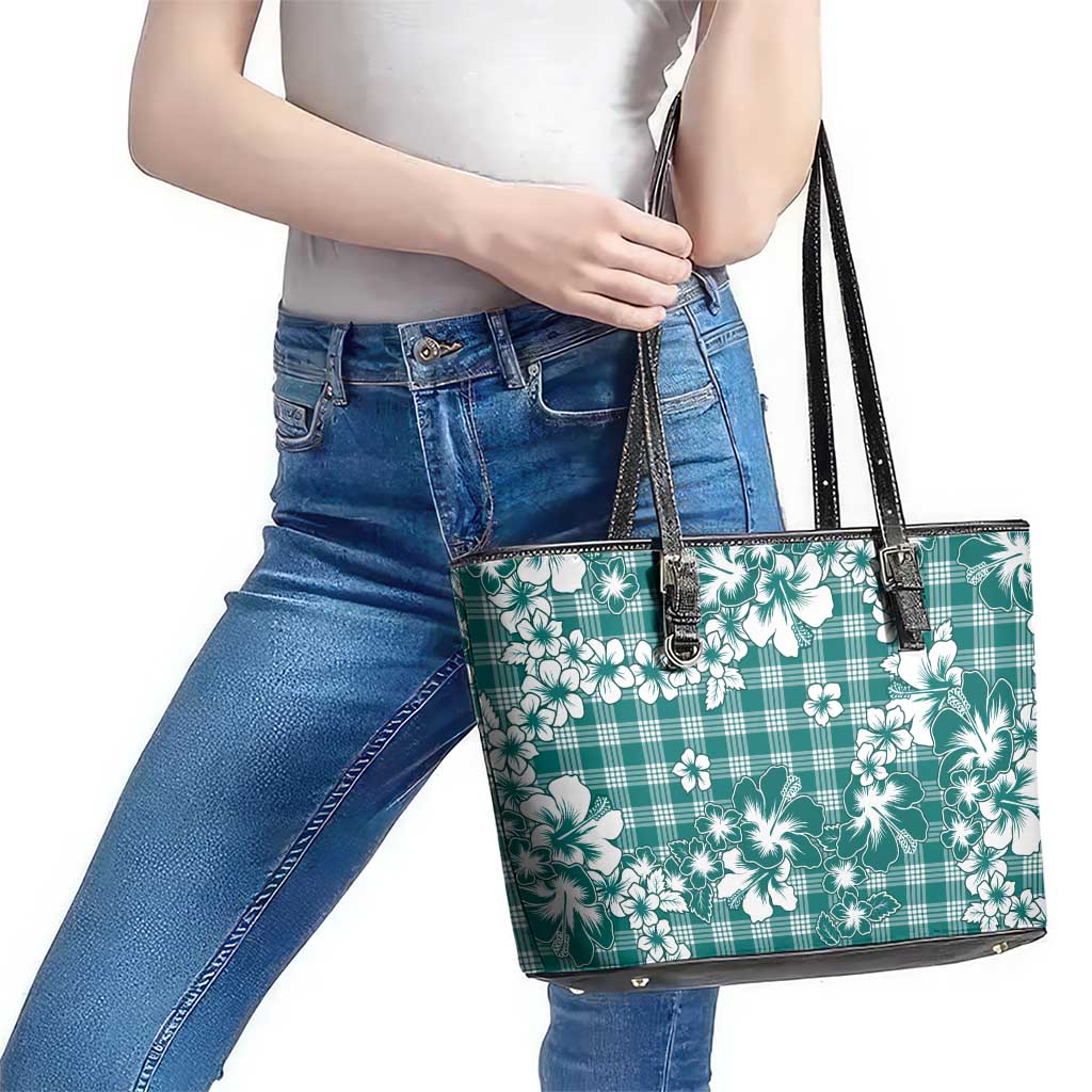 Hibiscus Pakala Aqua Teal Leather Tote Bag Tropical Floral Stylized - Polynesian Pride