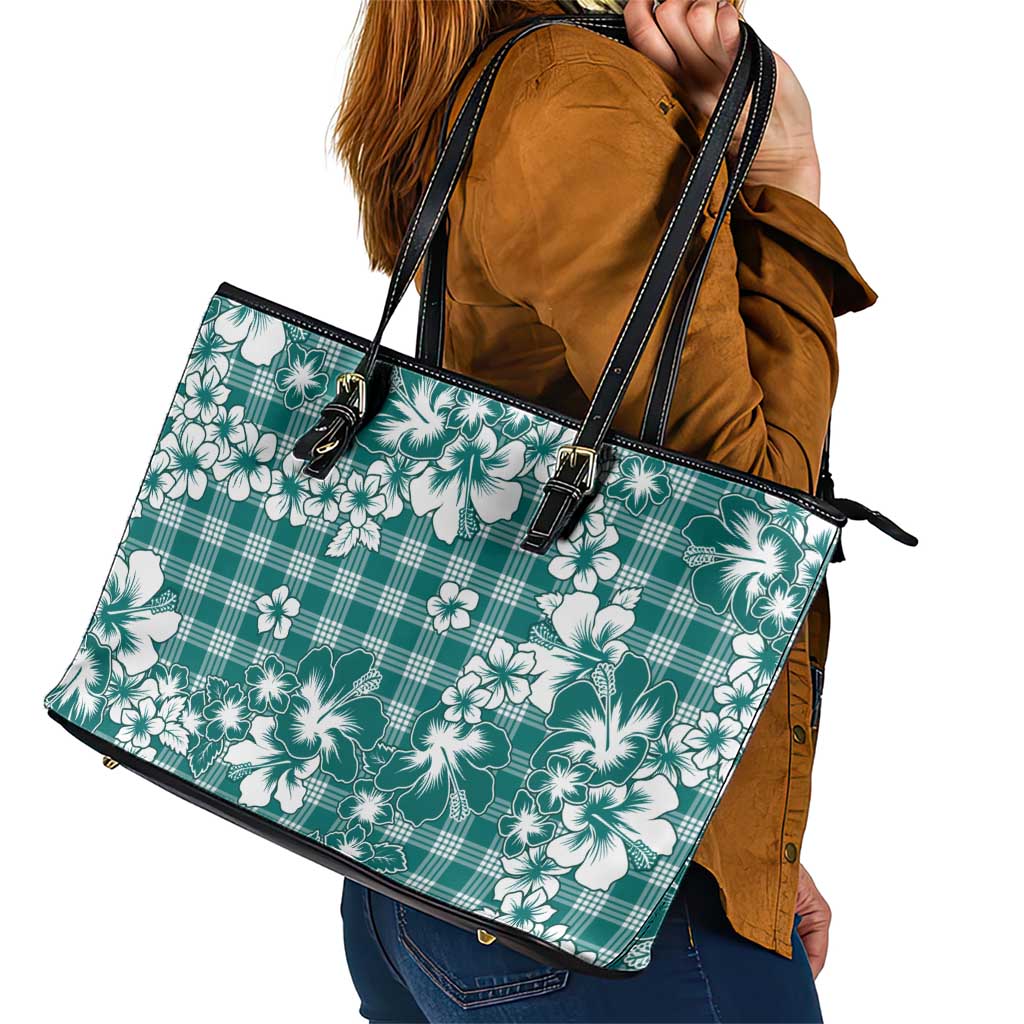 Hibiscus Pakala Aqua Teal Leather Tote Bag Tropical Floral Stylized - Polynesian Pride